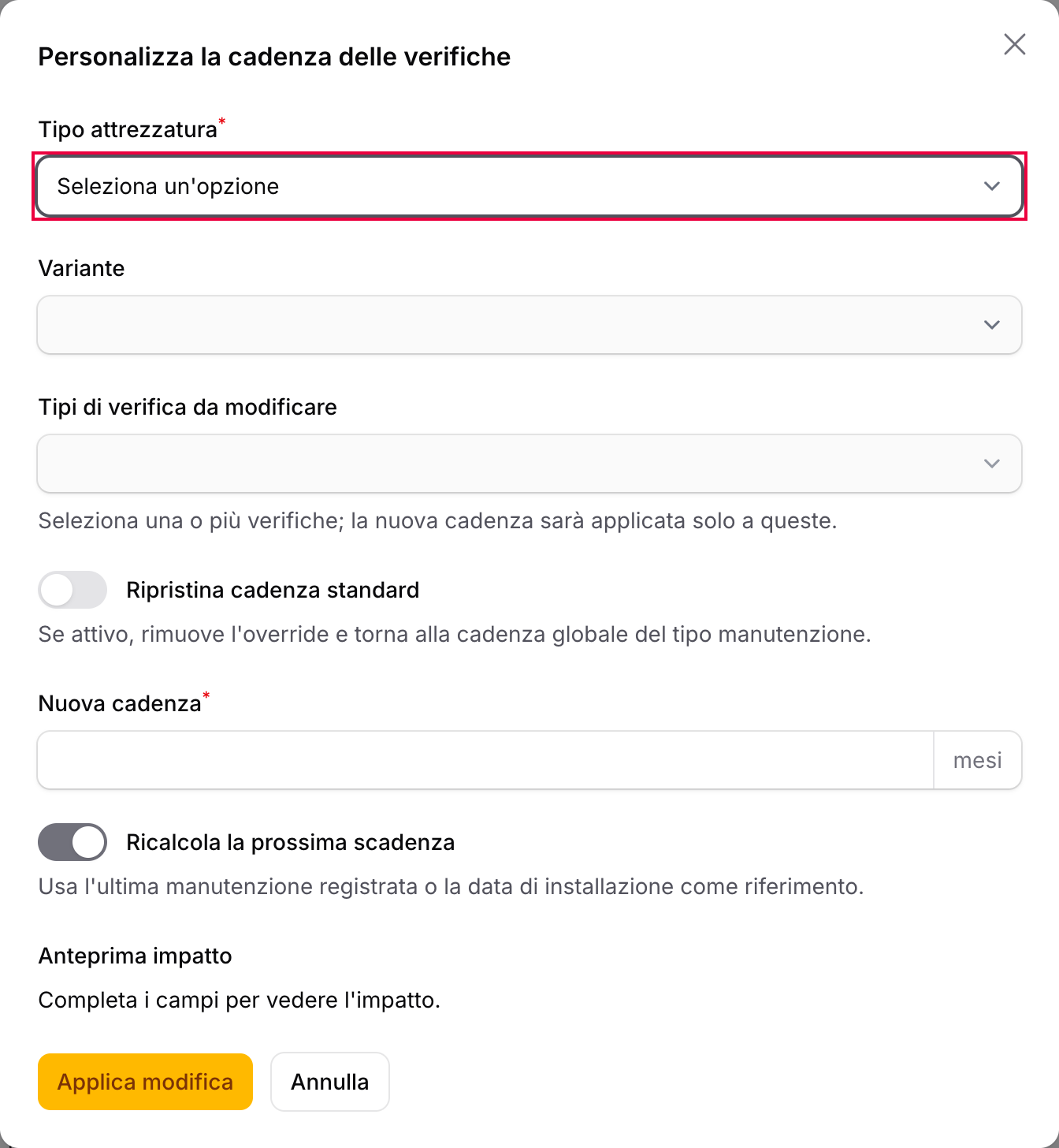 Schermata del passaggio 2: Scegliere cosa modificare e la nuova cadenza