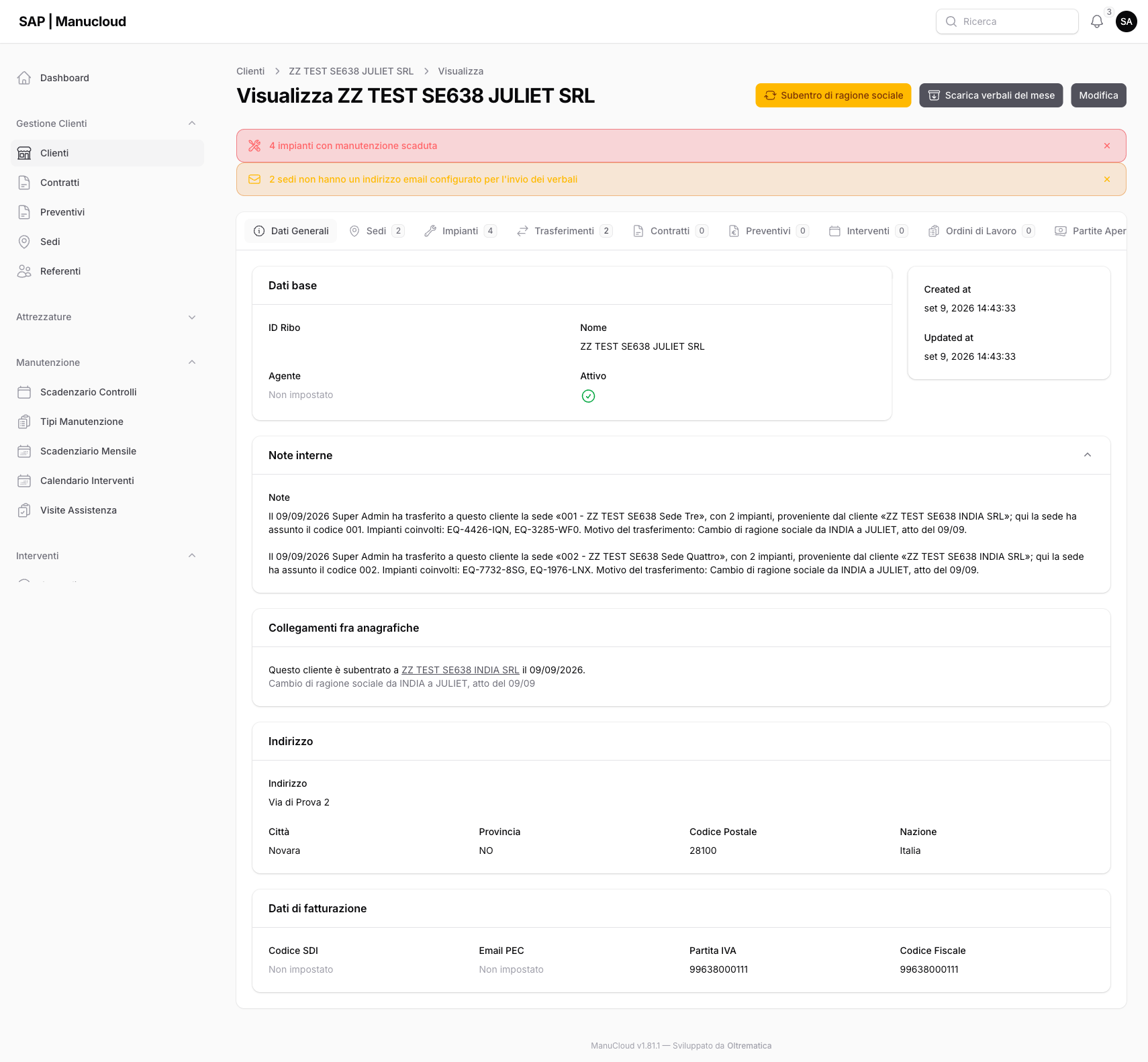 La scheda del nuovo cliente con contatori, note interne e collegamento fra anagrafiche