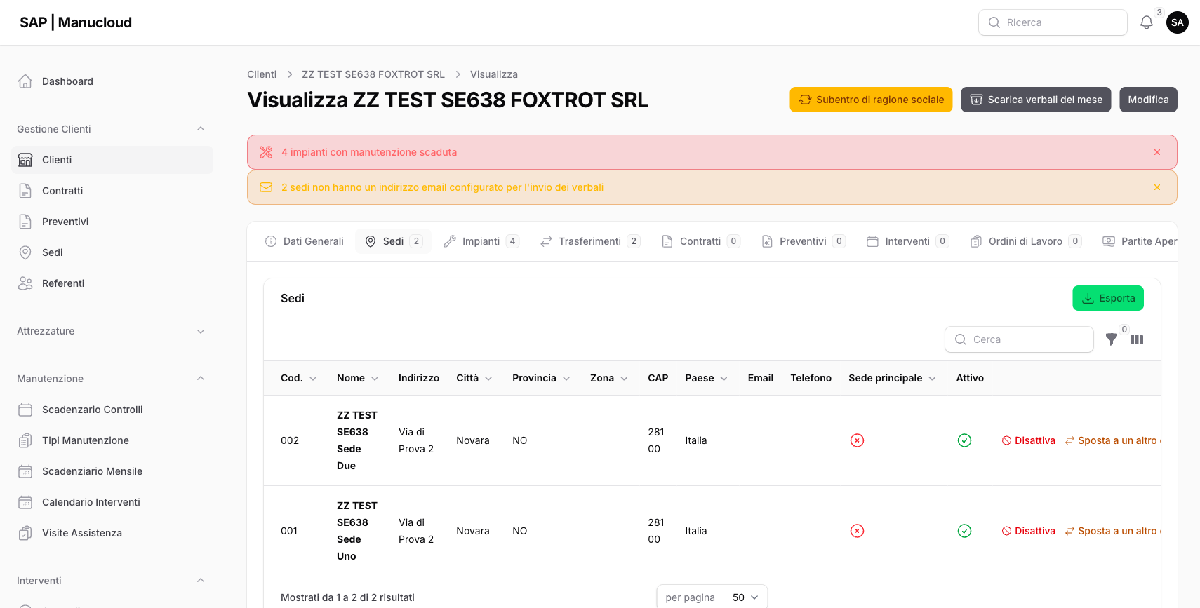Il tab Sedi con l’azione “Sposta a un altro cliente” sulla riga
