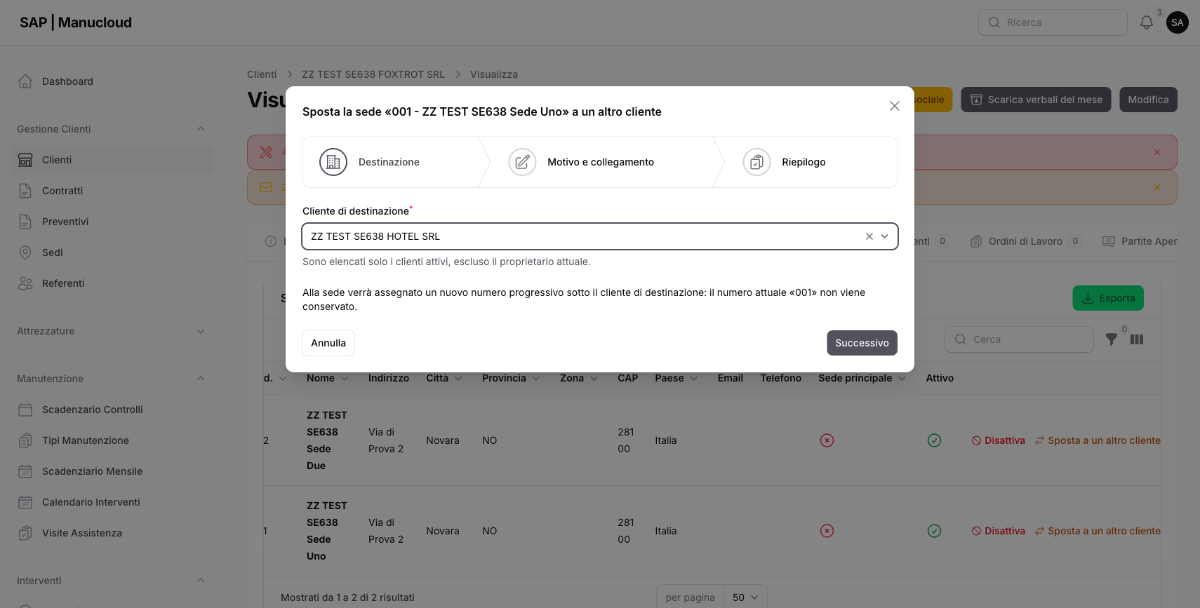 Primo passo: scelta del cliente di destinazione e avviso sulla rinumerazione
